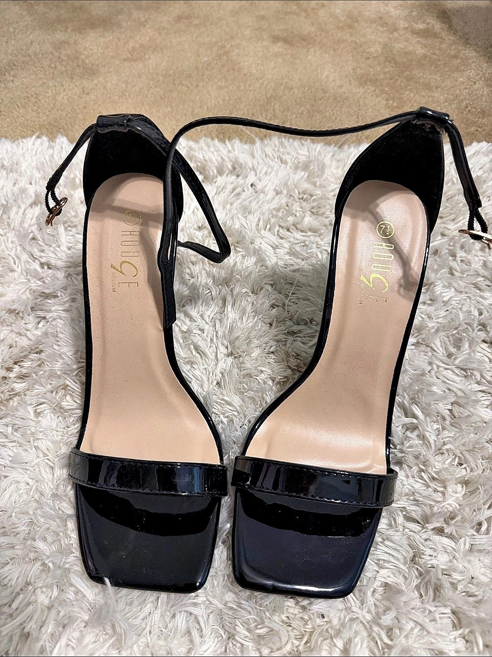 ROUGE Black Patent Ankle Strap Heels 4 inch heel